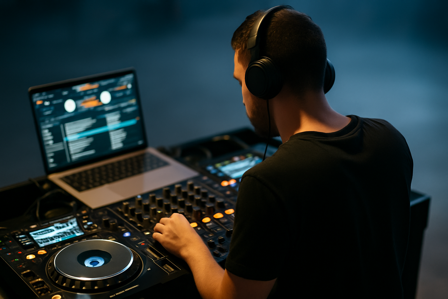 DJ working with professional equipment in a dark setting with illuminated mixing console and laptop
